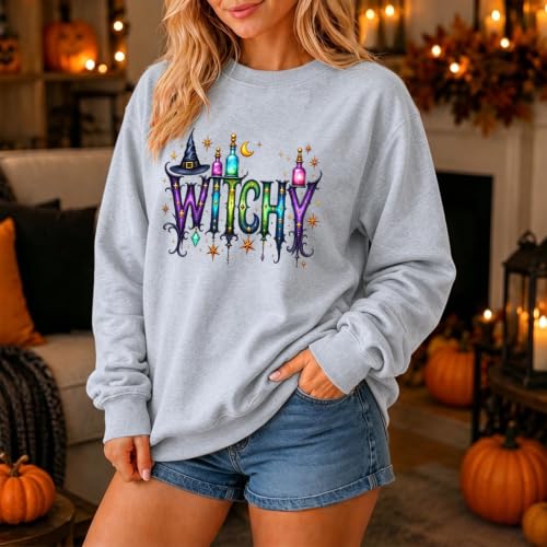 Halloween Sweatshirts for Women Crewneck Oversized Y2k Witchy Tops Grey - image 3