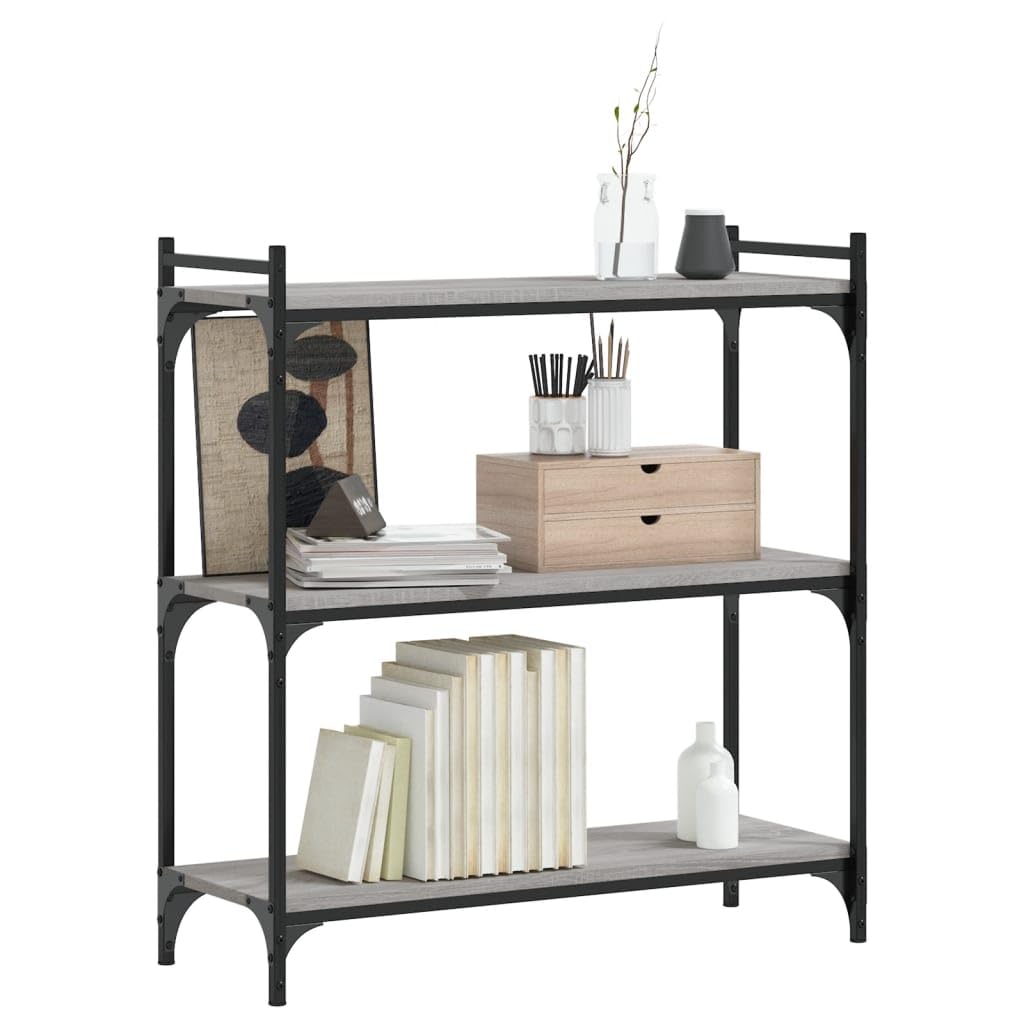 Libreria a 3 ripiani, grigio sonoma, 80 x 30 x 86 cm, in legno e metallo, divisorio per soggiorno e studio