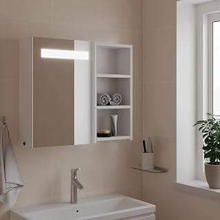 Weißer LED Spiegelschrank aus Holzwerkstoff mit Glas, 60 x 13 x 52 cm, Wandmontage, USB Anschluss, Ablagen, Stauraum für Badezimmer und Gäste WC