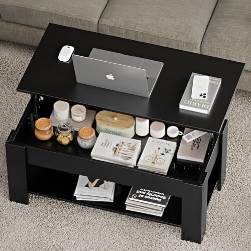 Blisswood Coffee Table With Storage, Lift Up Coffee Tables for Living Room, Wooden Coffee Table With 1 Shelf Large Hidden Storage Modern Rectangular Sofa End Lift-Top Tea Table Furniture (Black) - Image 5