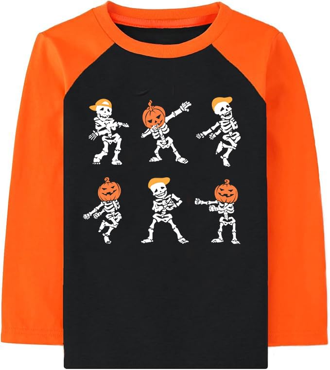 Halloween Shirts for Toddler Boys Cute Dancing Skeleton Graphic Striped Long Sleeve Shirt for 2-8 Years