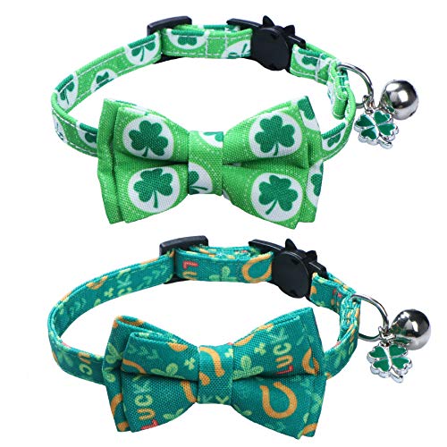 STMK 2 Pack St. Patrick s Day Cat Collars with Bow Tie Bell Shamrock, Breakaway Adjustable Shamrock Cat Collars with Bowtie Bell Shamrock for Cats Kittens