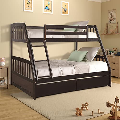 Queen Bed Frame With Headboard, Full Bed Frame With Headboard, Ljr Solid Wood Twin Over Full Bunk Bed With Two Storage Drawers/Espresso #TOP6