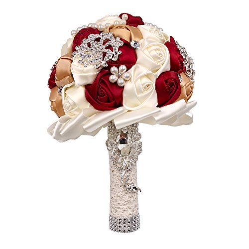 Abbie Home 8 Inches Bride Wedding Bouquet In Burgundy - White Satin Roses With Pearls Rhinestone Brooches Accessories (Burgundy&Champagne) #TOP2