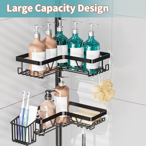 Image of KEGII Corner Shower Caddy Tension Pole with Toothbrush Holder | Adjustable Shower Organizer with Soap Holder and Hooks, No Drilling Rustproof Bathroom Shelf Storage Rack, Fits 25-114.2 Inch