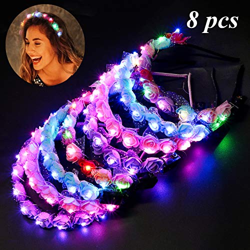 8PCS Flower Headband Fashion Faux Flower LED Light up Hair Hoop Party Headband
