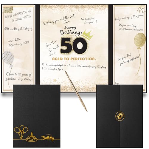 Image of DOUBLESHOOT 50th Birthday Guest Book Alternative Black Gold Party Decorations for Men 12 inchx18 inch - 50 Years Sign in Poster Card Gift - Fifty Party Signature Book Keepsake - Table Centerpiece Decor