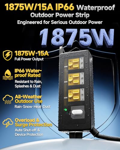 Image of Outdoor Extension Cord, 3 Wide Outlets, 1875W /15A, 10FT 14AWG Heavy Duty SJTW Power Strip with Surge Protector, All-Weather & IP66 Fully Waterproof, Ideal for Patio, Garden, Pool, RV, Black
