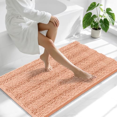 Image of Smiry Thick Chenille Bathroom Runner Rugs 44x24, Extra Absorbent Striped Bath Mat, Machine Washable, Rubber Backing, Long Bath Rugs for Bathroom, Tub & Shower, Home Decor Accessories, Peach