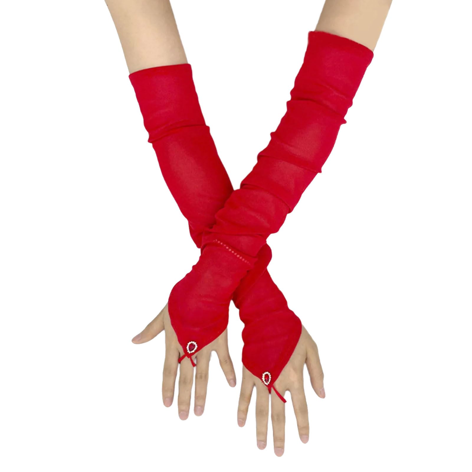 Ldabrye Men's Red Long Fingerless Tulle Mesh Gloves For Wo Elegant Bridal Sheer Arm Sleeves For Operas And Cosplay Theme Party 1920S