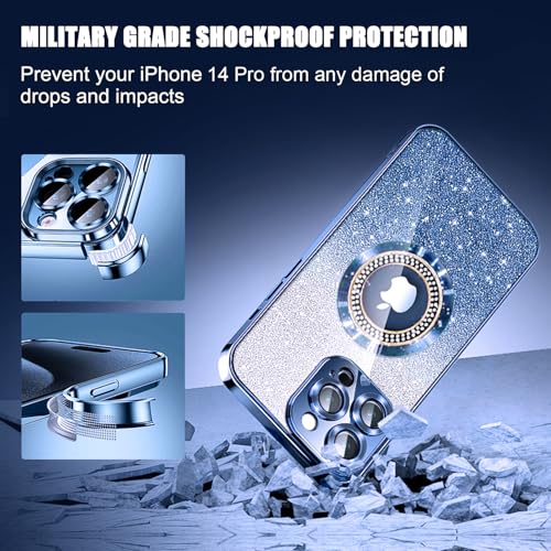 Image of Misscase for iPhone 14 Pro Magnetic Case Compatible with MagSafe,Full Protection Slim Shockproof Anti-Scratch Glitter Case with Camera Lens Protector Logo View Dust-Proof Net for Women Blue