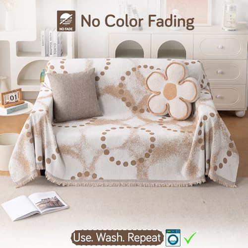 Image of HOKIPO Premium Chenille Printed Sofa Cover Throw Blanket 320 GSM for 2 Seater - All Season Use, 'Serene Abode Series' Latte Dotted Wave (180x250 cm) (AR-6632-D3)