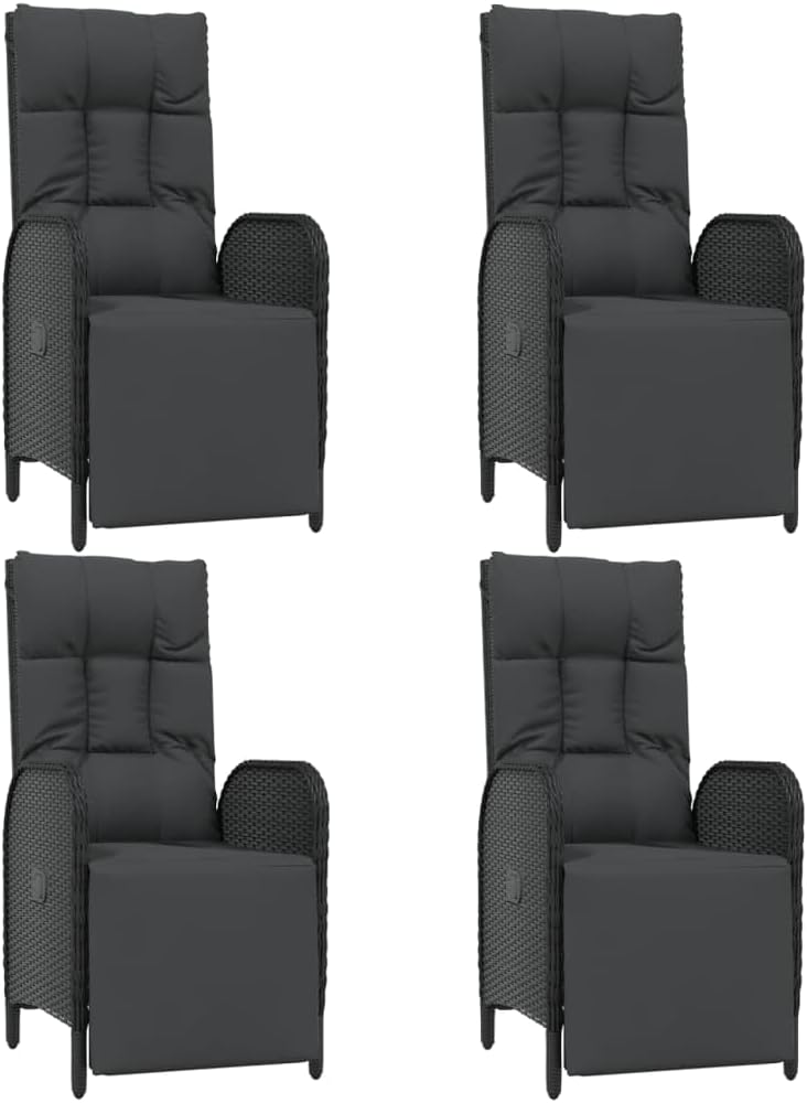 vidaXL 5-Piece Modern Patio Dining Set - Black Poly Rattan Outdoor Furniture with Reclining Function, Comfortable Cushions, Acacia Wood Tabletop