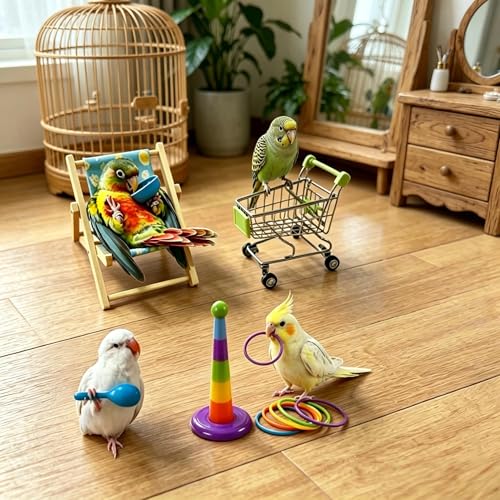 DRESSO 4 PCS Parrot Intelligence Toy, Bird Training Toys Sets for Parakeet, Bird Puzzles Toy for Cockatiel Conure Lovebird, Shopping Cart, Perch Chair, Small Sand Hammer, Ring Stacker Toy
