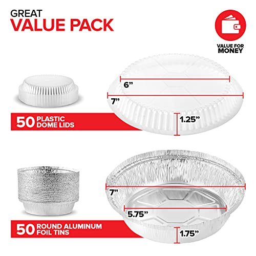 Stock Your Home 7 Inch Round Aluminum Pans With Lids (50 Pack) Disposable Foil Pan With Clear Dome Top, To Go Pie Tins, Containers For Baking Or Take Out Food #TOP1