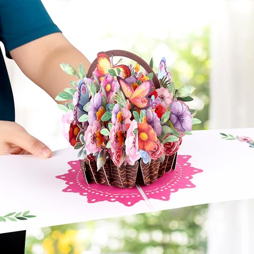 Giiffu Paper 3D Flower Basket Pop Up Greeting Card with Envelope, Happy Birthday Card for Women Mom Wife, All Occasion Greeting Cards for Valentine\'s Day, Mothers day, Anniversary