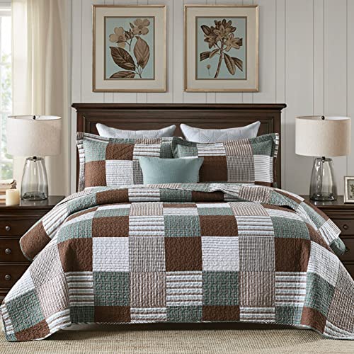 Image of Finlonte Quilts Queen Size - 100% Cotton Queen Comforter Set Brown Green White Plaid Farmhouse Quilt Bedding Set, Reversible Lightweight Soft Bedspread, Quilted Coverlet All-Season, 3-Piece
