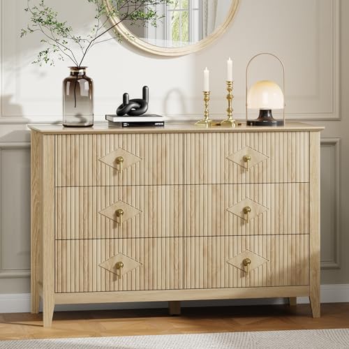 GarveeHome Fluted Dresser for Bedroom, 47.2 Inch Wide 6-Drawer Wood Dresser, Modern Chest of Drawers, Storage Organizer Cabinet for Living Room, Hallw