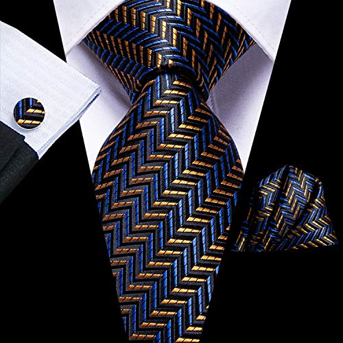 Image of Dubulle Mens Tie Set Solid Paisley Silk Striped Necktie for Men with Cufflinks Tie and Pocket Square,Blue Brown