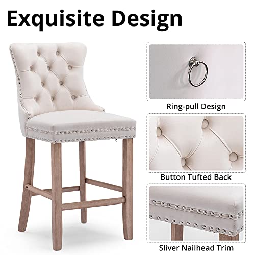 I-Pook Counter Height Bar Stools Set Of 2, Velvet Upholstered Barstools With Button Tufted, Nailheads Trim And Solid Wood Legs, Full Back Bar Chairs For Kitchen Island Dining Room Pub Cafe, Beige #TOP3