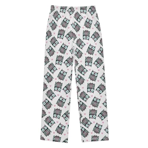 Cute Owl Love Heart Boys Long Pants Soft Trousers Elastic Waist Kids Lounge Bottoms with Pockets S-XL