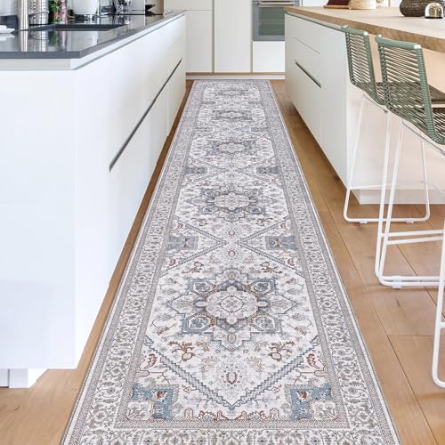 OPPODREAM Soft Entryway Rug 2x12, 2x12 Rug Runner, Neutral Washable Hallways Carpet 2 x 12 with Non Slip Backing, Low-Pile Bedside Carpet 2 x 12, Long, Faux Cashmere, Cream White & Blue & Light Brown