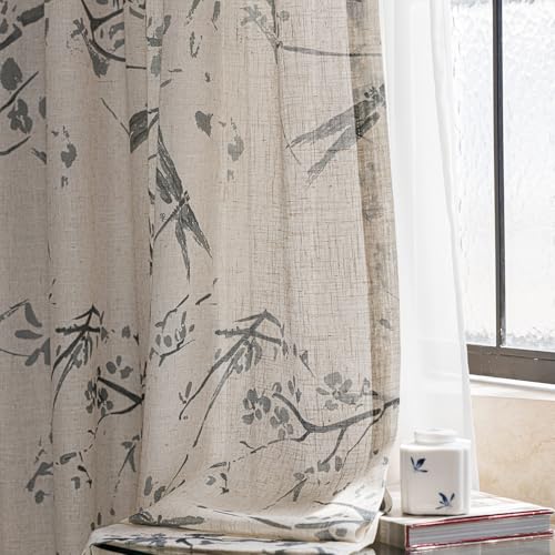 UOOSIN Black Ink Art Style Semi Sheer Curtains Linen Textured for...