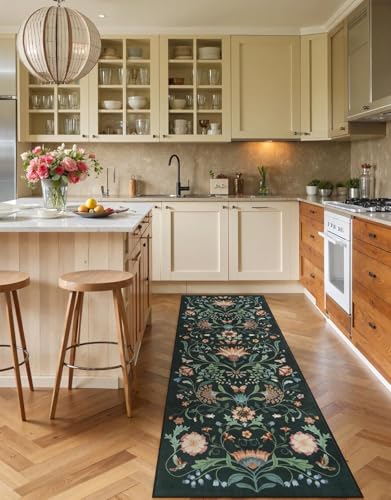 Image of Rugcomf Runner Rug for Hallways Kitchen Rug Non Slip 22 * 45 cm Washable Rugs with Rubber Backing Soft Floral Carpet Runner for Hallways, Kitchen, Laundry, Bedroom, Bathroom(Green)