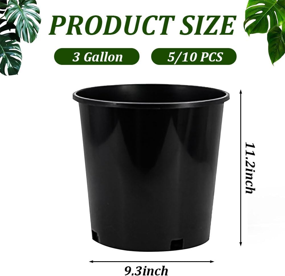 5 Packs Plastic Nursery Pots, 3 Gallon Plastic Seedling Pots with Drainage Holes, Flowers, Succulents, Plant Pot for Planting Flower Indoor Seed Starter Pot Outdoor