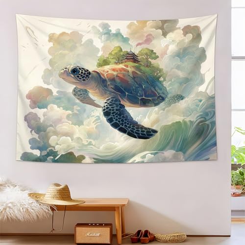 Tapiz de pared de estética china con nubes y tortuga marina, el pareo ideal para la playa
