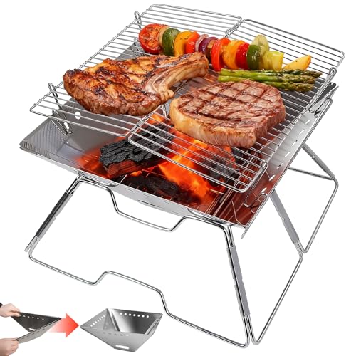 Lineslife Portable Fire Pit with Grill for Camping Heavy Duty Collapsible Foldable Fire Pit with Campfire Grill & Carry Bag for Outdoor Backyard Patio Picnic BBQ