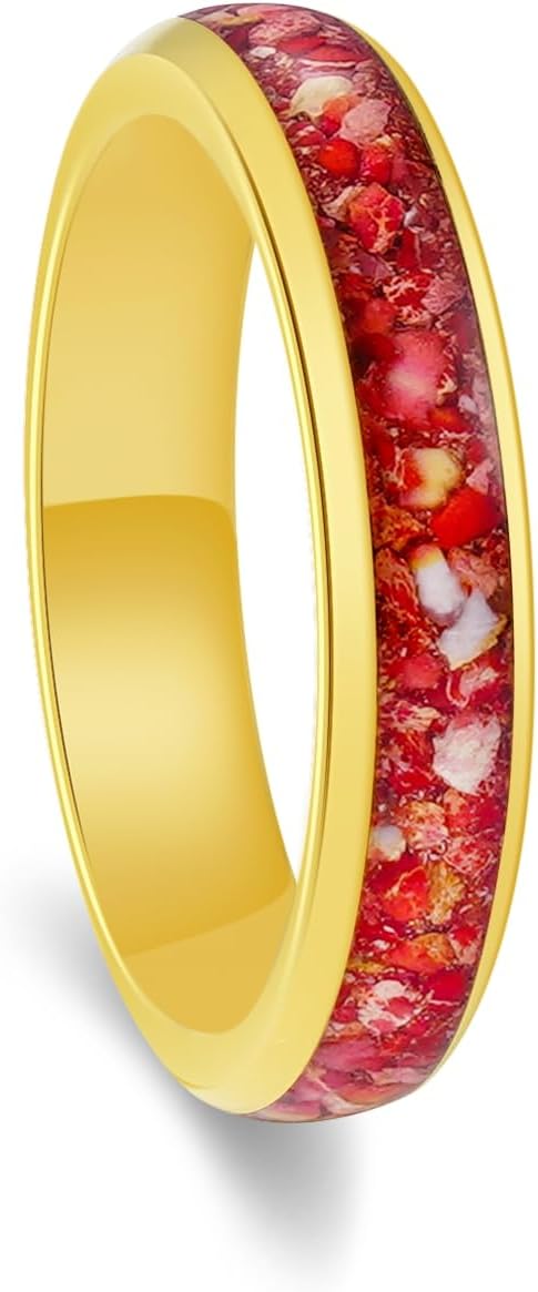 Emperor Jasper Stones Tungsten Carbide Ring, Golden 4mm Wedding Band for Woman, Red Lake Blue Purple Green Pink Colors, Anniversary Birthday Christmas Gift