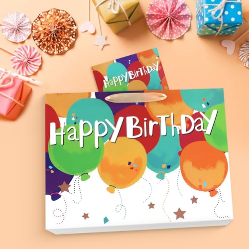Image of JMANNI Large Happy Birthday Gift Bag with Tissue Papers and Greeting Card,Portable Paper Gift Bags with Handles,Present Bags for Women Men Birthday Party Supplies 13 inch x10.2 inchx4.7 inch(Coloured Balloon)