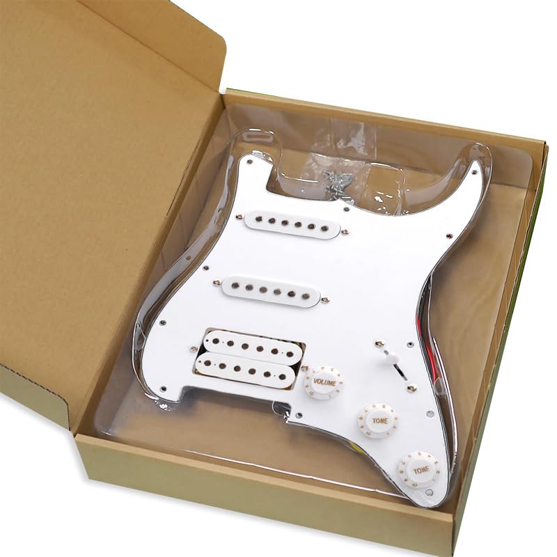 SHENGSUI SSH 11 Hole Loaded Prewired Strat Pickguard Humbucker White Pickups Set for FD Stratocaster Electric Guitar Black Pearl