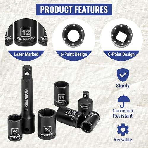 Image of WORKPRO 39PC Drive Socket Wrench Set, 1 /4'' & 3 /8'' Sockets Kit, 3 /8 inch Ratchet, Extension Bar, Spinner Handle & Adapter, Premium Black Phosphate Finish Mechanics Tool Set with Tool Box, Metric & SAE