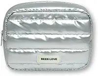 Necessaire puffer de Viagem Acolchoado, Bolsa de Maquiagem Grande, Organizador de Artigos de Higiene Pessoal (PRATA)