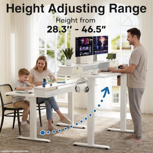 Image of Veken 47x28 in Electric Standing Desk with Drawers, Adjustable Table, White | Stand up Computer Desk for Home Office, Work & Study, with Storage, 3 Memory Presets, Cable Organizer, Hook, and Quiet Lift.