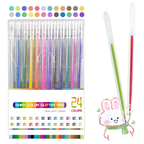 Marte Vanci Glitter Gel Pens, 24 Vibrant Colors Sparkle Gel Pens Set for Adults & Kids, Quick-Drying & 1 mm Bullet Tip, for Coloring Books, Reading Note-taking, Drawing, Scrapbooking, Doodling