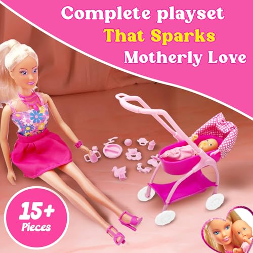 Image of Steffi Love Doll Set| Steffi Love Baby Walk Toy| Steffi with Baby & Stroll| Set of 15+ Baby Essentials| Pretend Play Set| Ideal Gift for Girls Age 3+ (Pink)