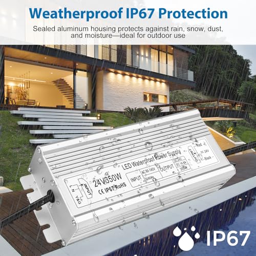 Image of 24V 350W LED Power Supply, IP67 Waterproof LED Driver, Low Voltage Transformer, AC 90-140V to DC 24V 14.6A Converter with 3-Prong Plug 3.3 Ft Cable for Outdoor LED Light, Landscape Light, Industrial