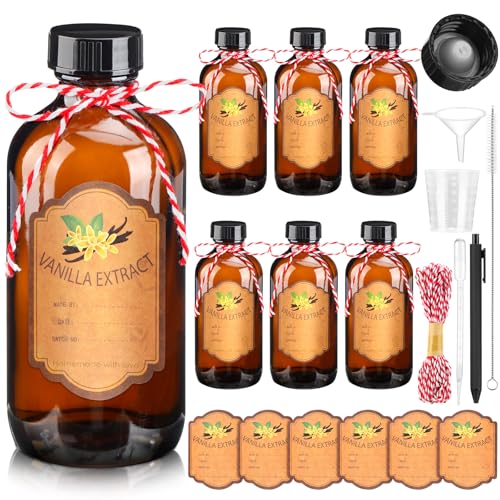 ProSuites Paquete de 6 botellas de extracto de vainilla de 4 onzas, botellas de vidrio caseras para extracto de vainilla, tarros de vidrio ámbar para jarabe, alimentos, salsa, frijoles, extracto de