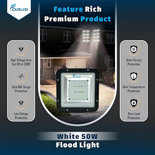 Image of Forus 50W LED Flood Light 4 Years Warranty, IP67 Waterproof Outdoor LED Floodlight, High Mast Focus White Color Light, Energy Efficient Halogen Replacement for Factory, Garage, Parking, Garden (1 PC)
