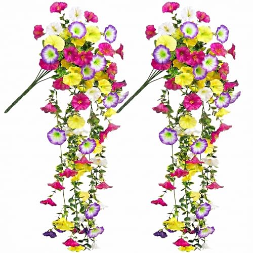 Image of Dekorly 75CM Lifelike Artificial Eucalyptus Vine with Morning Glory Flowers (Pack of 2) | Premium Hanging Floral Creeper for Balcony, Wall & Home Decor(2, Morning Glory Flower Vines)