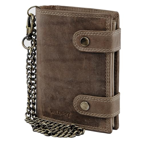 Wildery RFID Biker Geldbörse mit Kette I Geldbeutel mit Kette Männer I Portemonnaie mit Sicherheitskette I Bikerkombibörse Hochformat I Männer Geschenke /#Vintage Chain WI110 (Dunkel Braun)