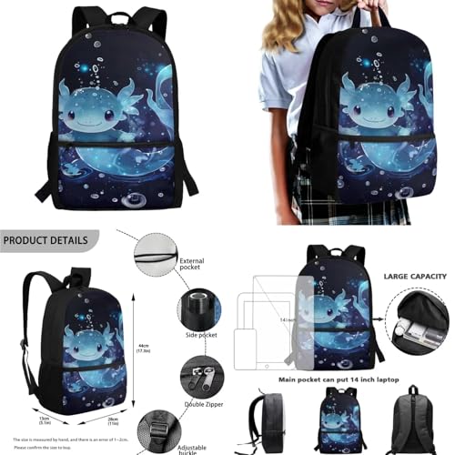 Blue Axolotl Backpack with Lunch Box Kids Girls 6-8/5-7 Elementary School Bookbags for 3rd Grade Primary Back Pack and Lunch Bag Pencil Case Watter Bottle Holder Keychain 5PCS Kids Book Bags2