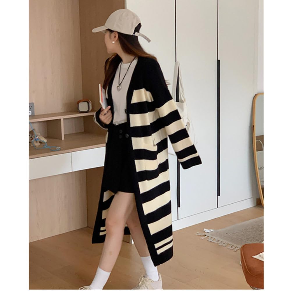 Cárdigan Largo para Mujer, Cárdigan Largo de Punto con Rayas Vintage, Botones Delanteros Abiertos, Cuello En V, Suéter, Abrigo, Chaqueta de Punto Holgada Y Cálida para Otoño E Invierno.