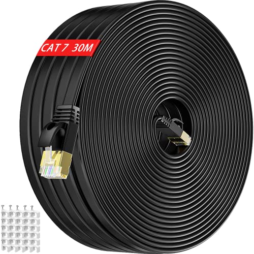 Cables Ethernet Cable Ethernet 30 Metros, Cat 7 Cable Internet Largo Cable de Red Negro Cable LAN Plano Alta Velocidad Cable Latiguillo Rj45...