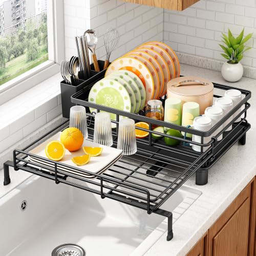 SAYZH Expandable Dish Drying Rack for Kitchen Counter, Metal, Black