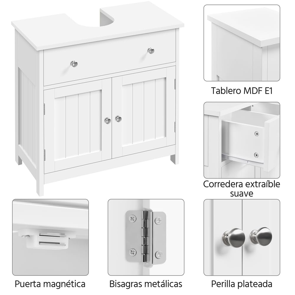 Yaheetech Mueble bajo del Lavabo de Madera Armario de Baño de Suelo | con Pies 1 Cajón y 2 Puertas Correderas 60x30x60 cm Blanco