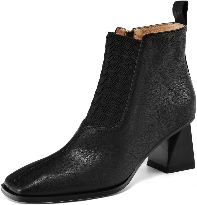 Handmade Genuine Leather Elastic Side Zip Square Toe Block Heel Ankle Boots for Women